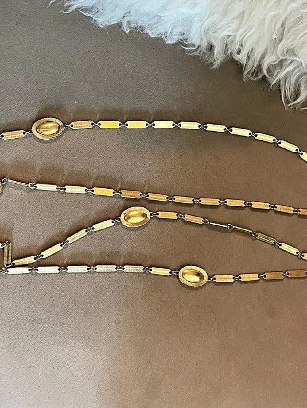 Monet Vintage Gold-Tone Textured Bar and Oval Station Necklace MCM 1960s 70s 54”